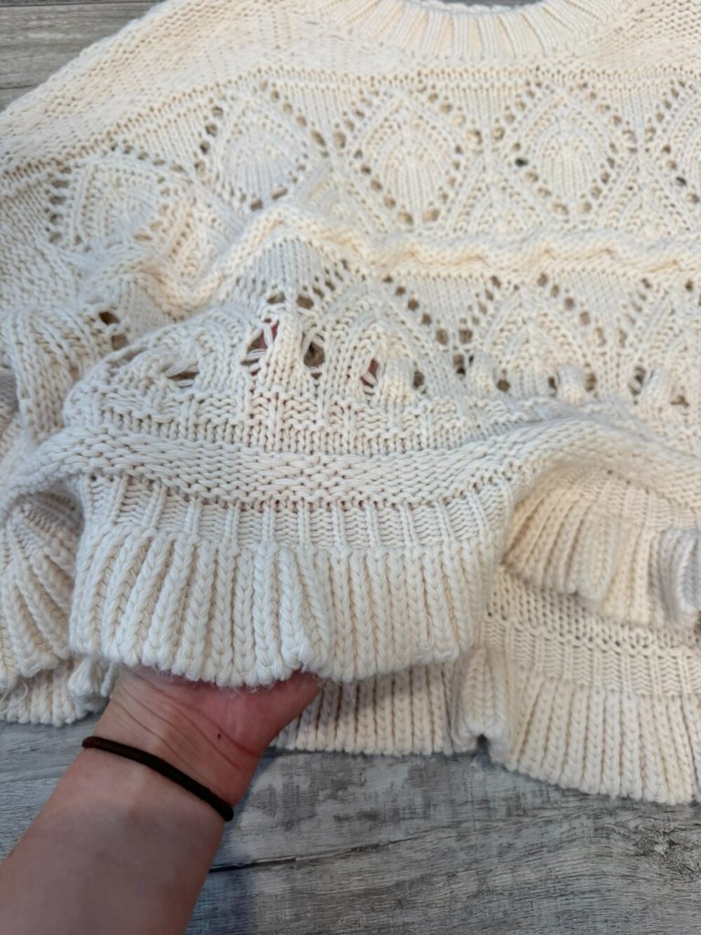 Ivory crochet cropped oversized sweater ruffle sleeve size large - Picture 2 of 7